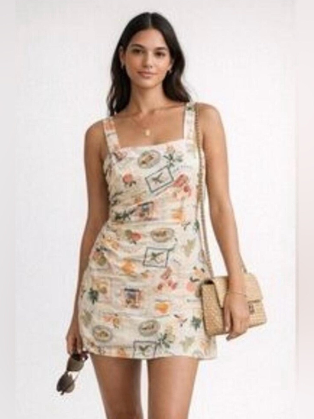 Abercrombie & Fitch Cream Floral Fruit Squareneck Mini Dress Linen Blend